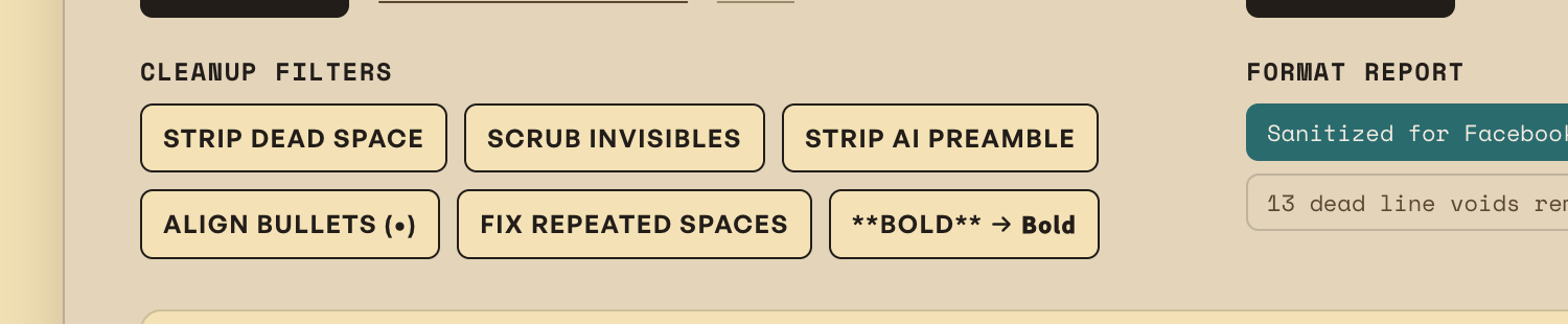 AI text cleaner filters removing asterisks, preambles, and dead spaces
