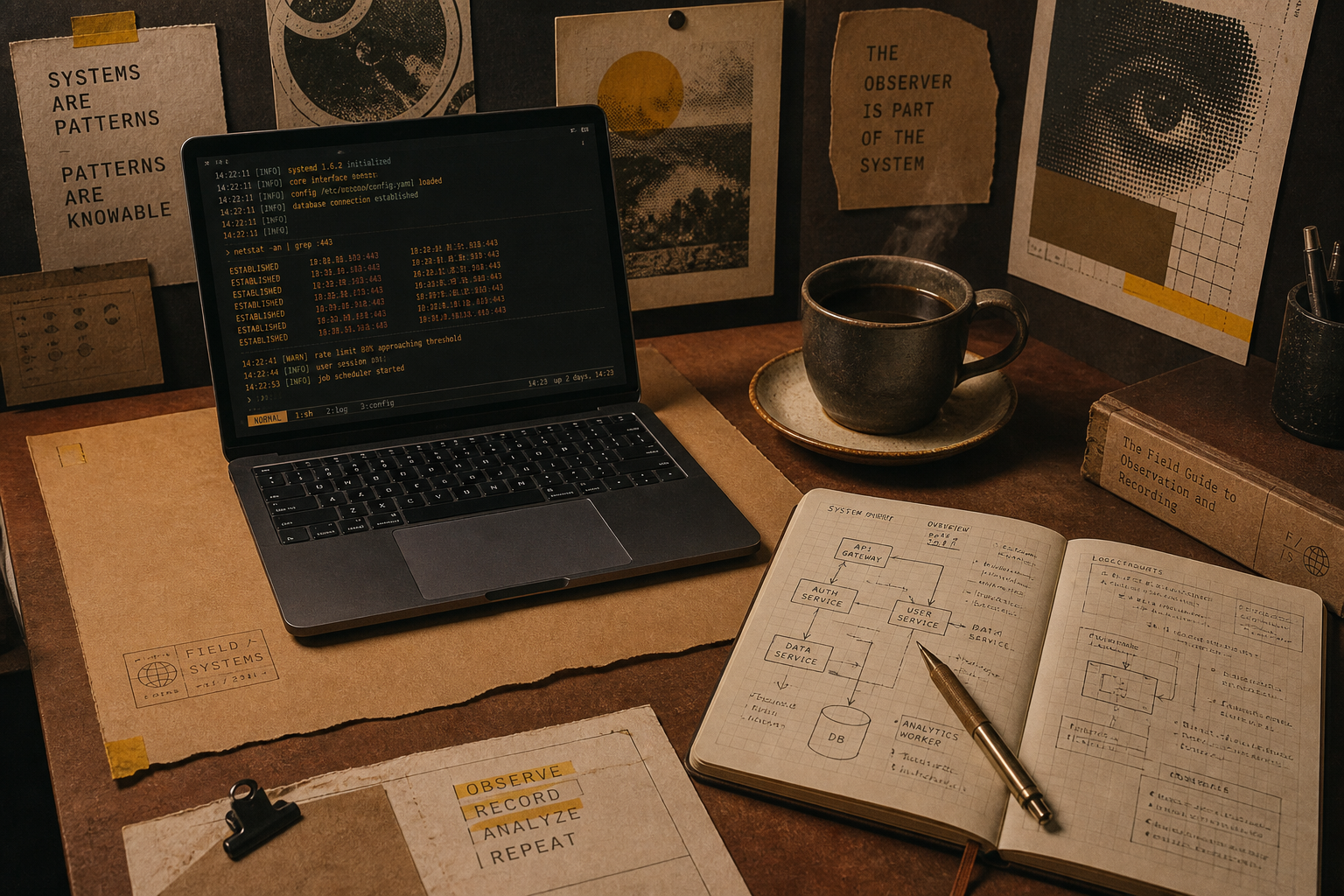 Laptop, operating notes and business systems arranged on a working desk