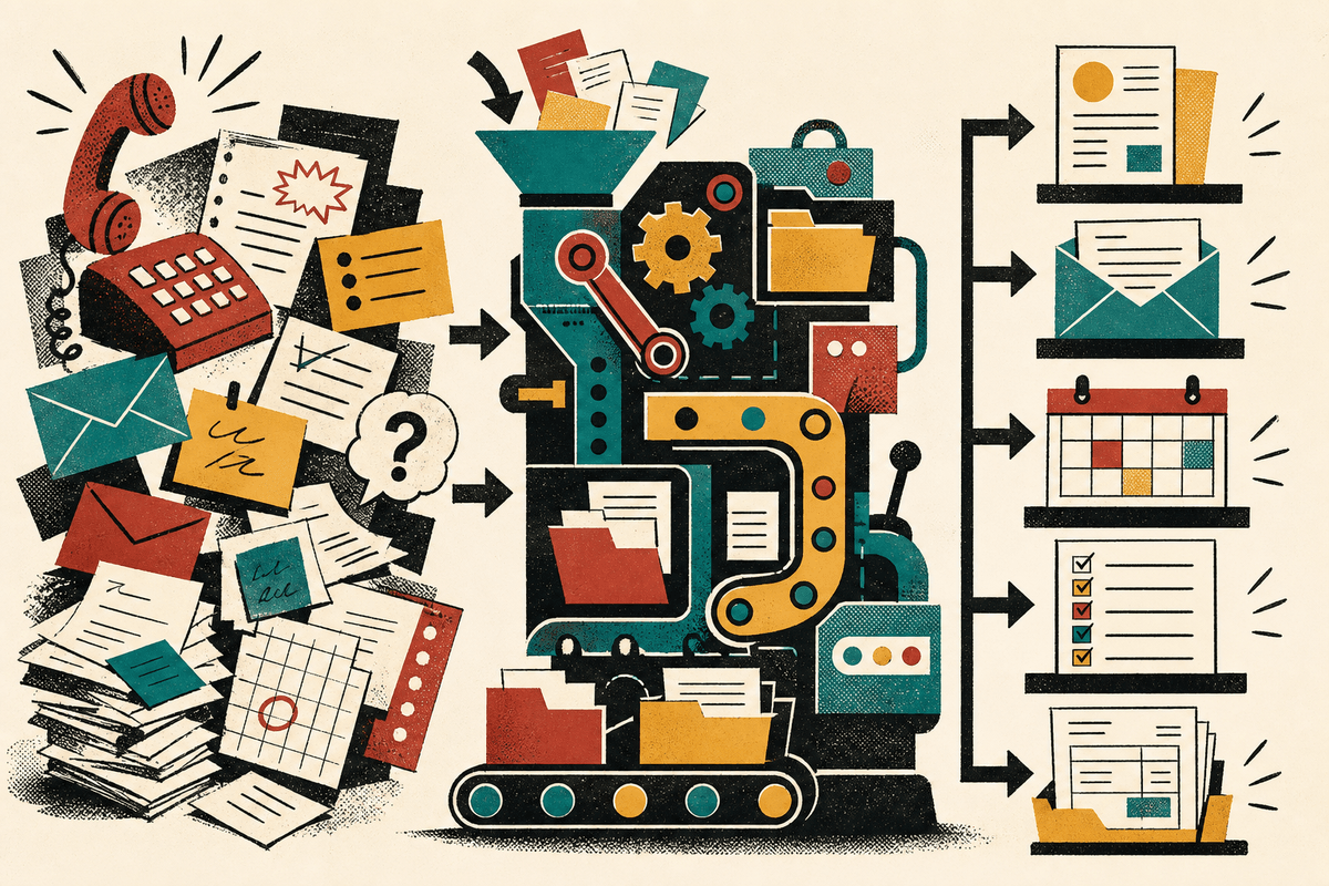Scattered calls, messy inputs, and paperwork flowing into an organized operating system with clear business outputs