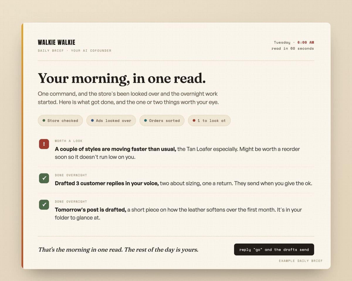Example Walkie Walkie daily brief showing store checks, drafted replies and content work